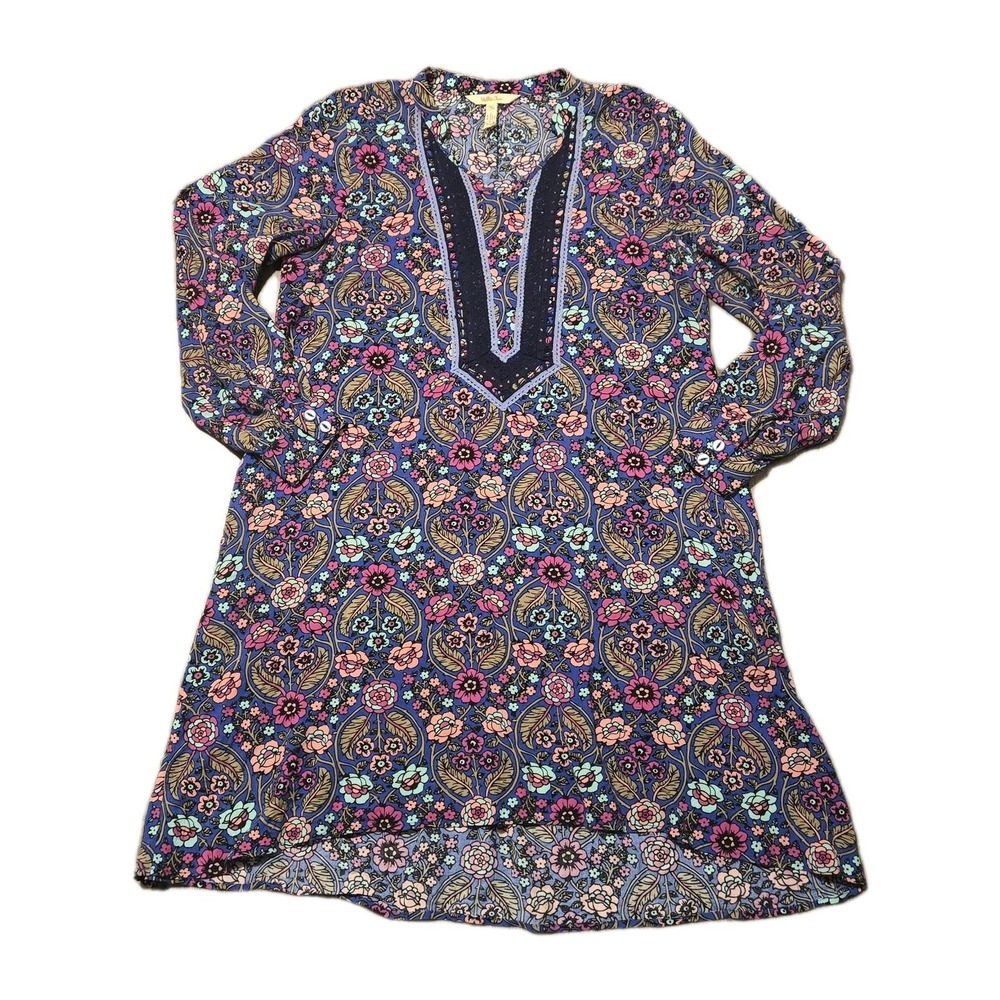 Matilda Jane Sz M Thoughts and Dreams Vibrant Floral Crochet Neck Tunic Dress